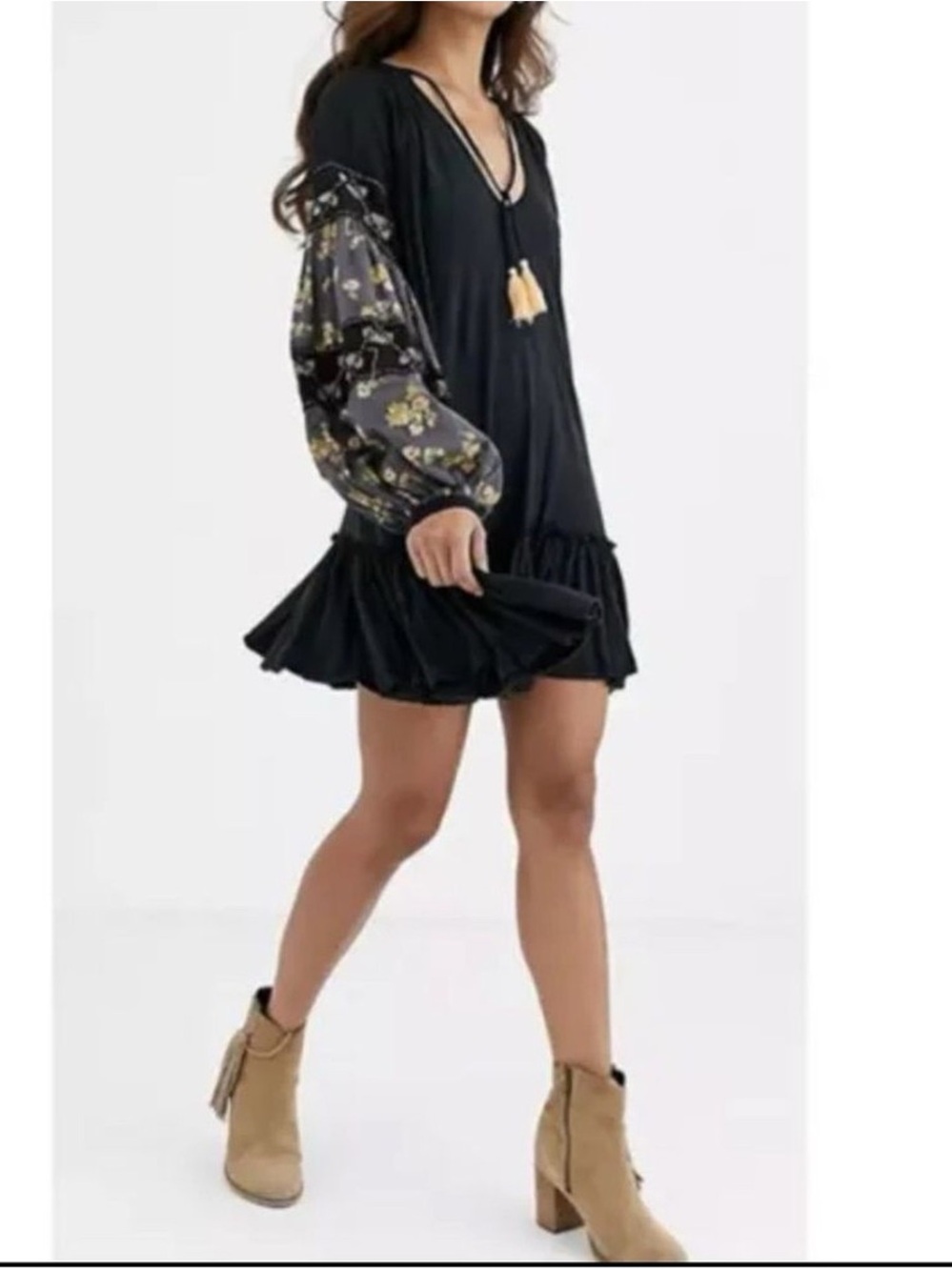 Free People Mix it Up Black Mini Tunic Dress with Floral Balloon Sleeves - Picture 3 of 14